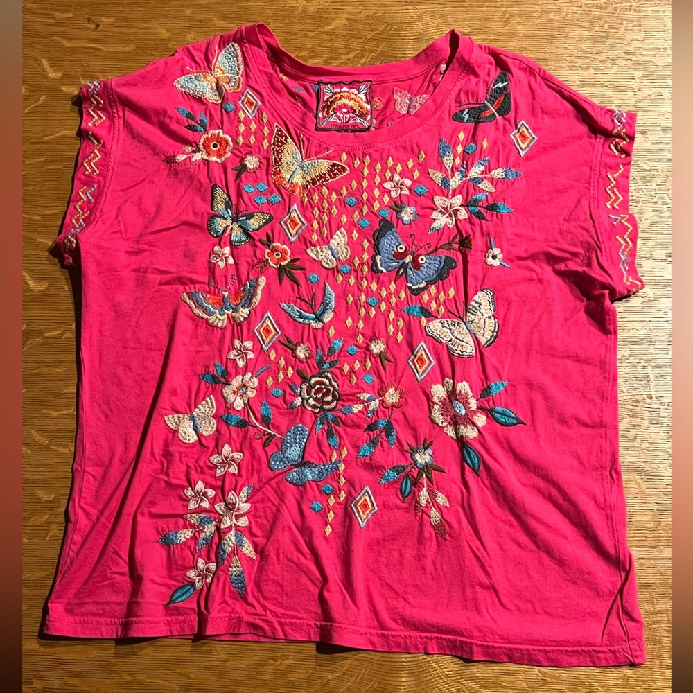 Johnny Was Pink Floral Embroidered Top
